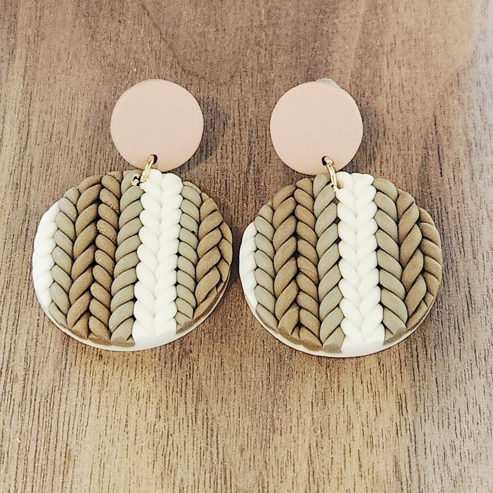Handmade Polymer Clay Cable Knit Sweater Texture Dangle Earrings Tan Cream Olive